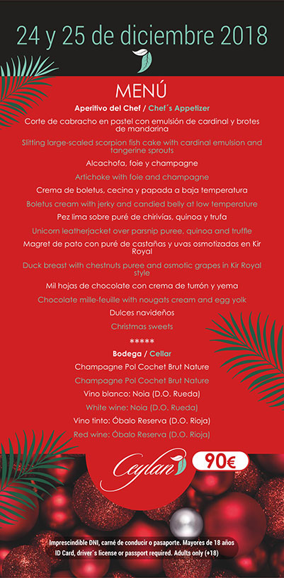 Menú cenas de Nochebuena Restaurante Ceylan